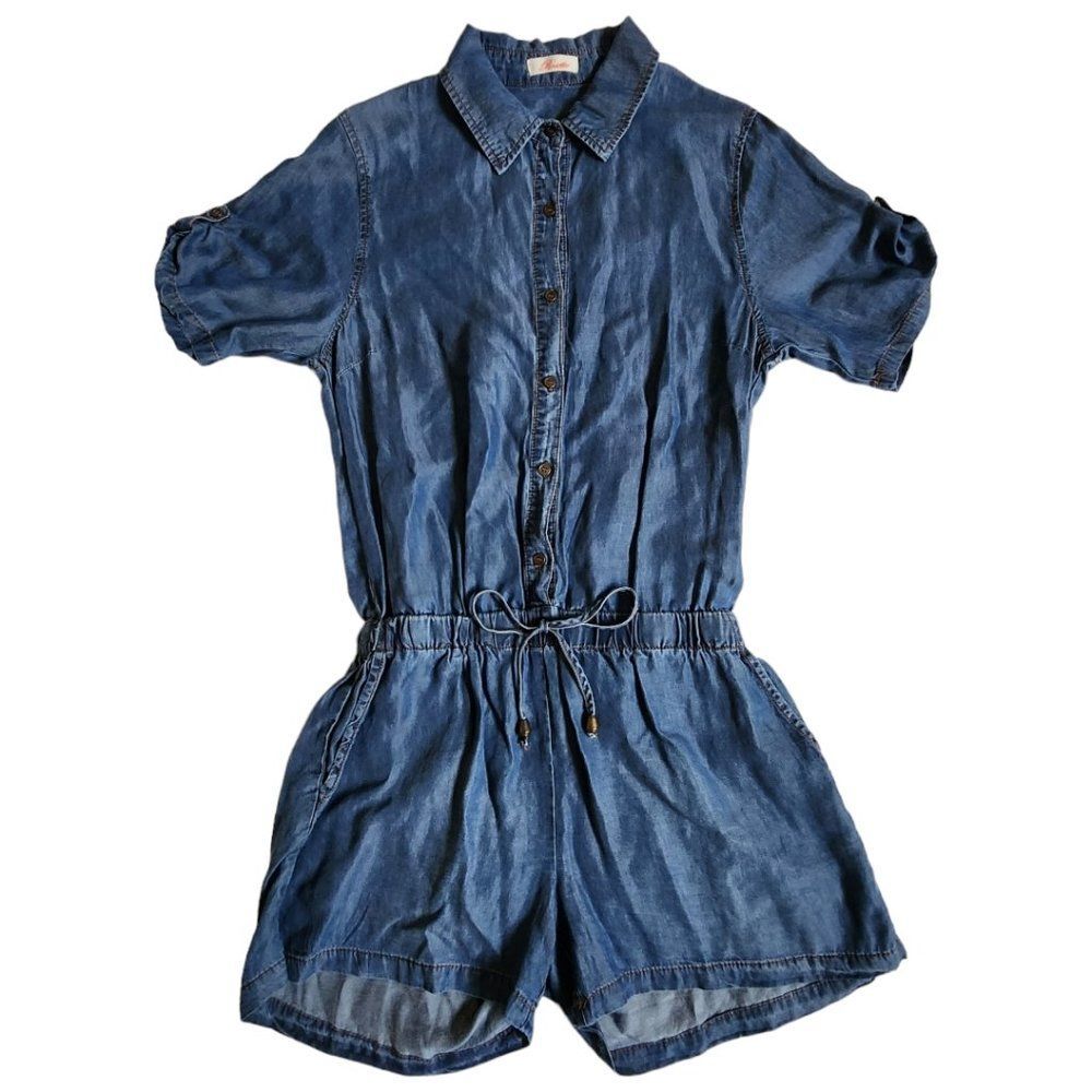 Rosette blue collared button front 100% Tencel short sleeve shorts romper sz M